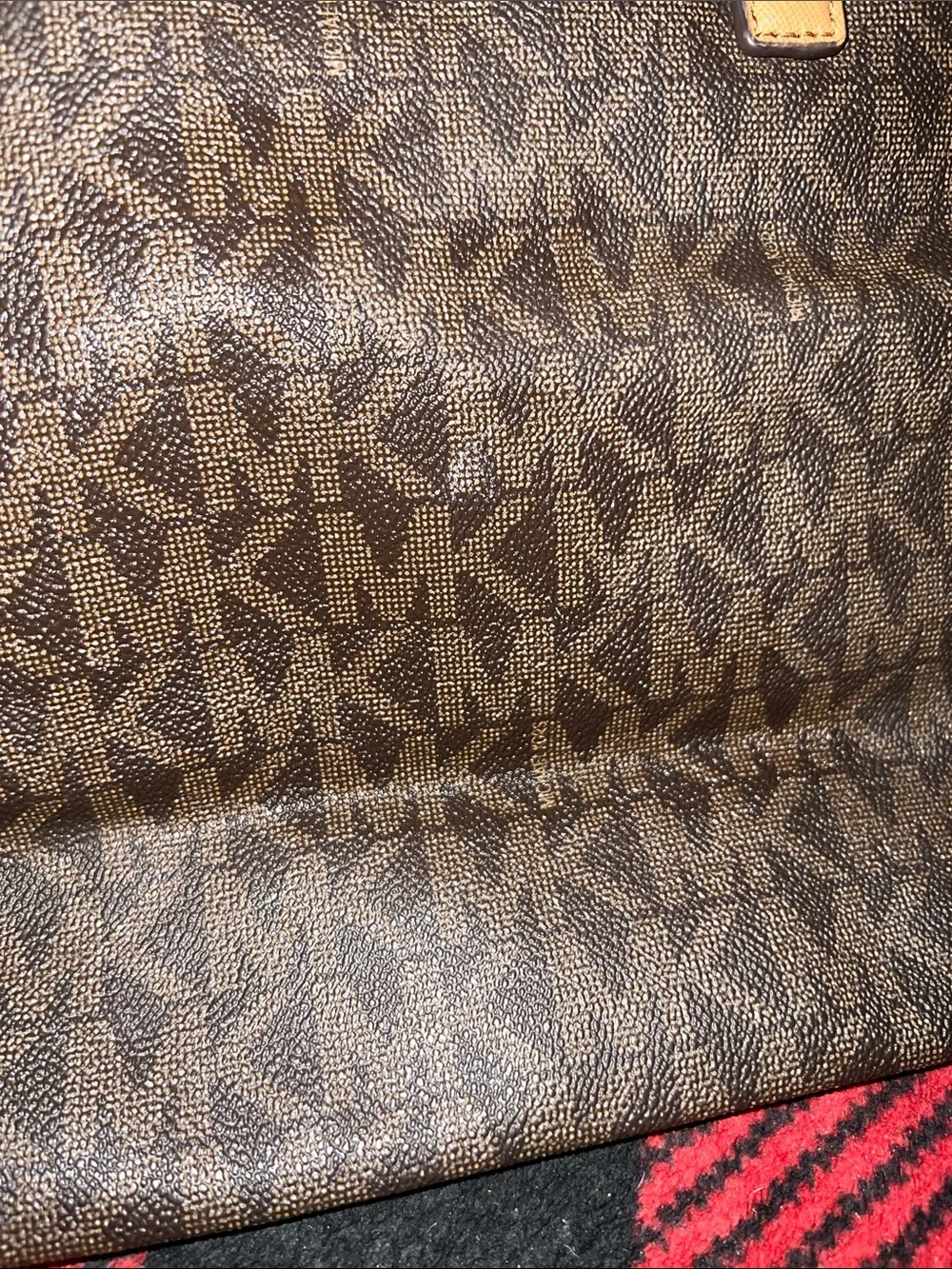 Michael Kors Brown MK Logo Monogram Tote with Tan Leather Handles